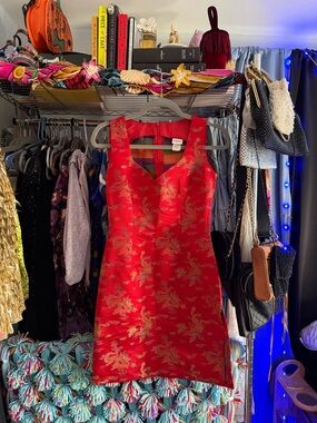 Frederick's of Hollywood Red Mini Dress with Gold Dragon Brocade